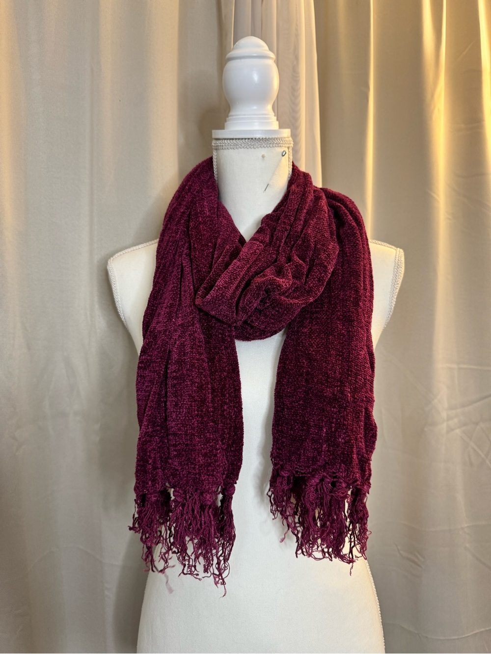 Plush Chenille Fringed Wrap Scarf - Burgundy